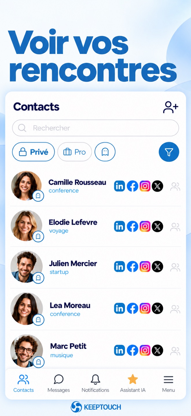 Voir vos rencontres : la liste des contacts avec leurs réseaux