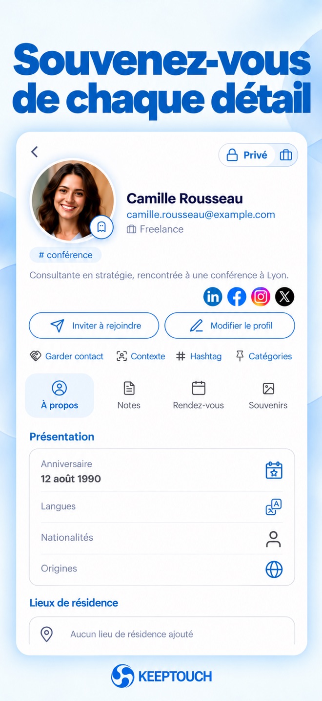 Souvenez-vous de chaque détail : la fiche contact de Camille Rousseau, avec ses hashtags, ses réseaux et sa présentation