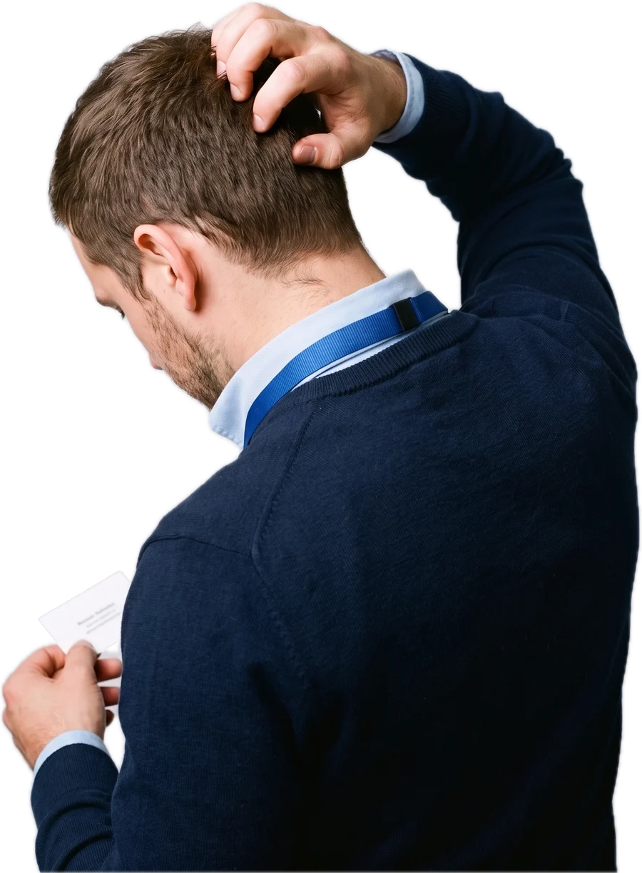 Un homme vu de dos regarde une carte de visite en se grattant la tête