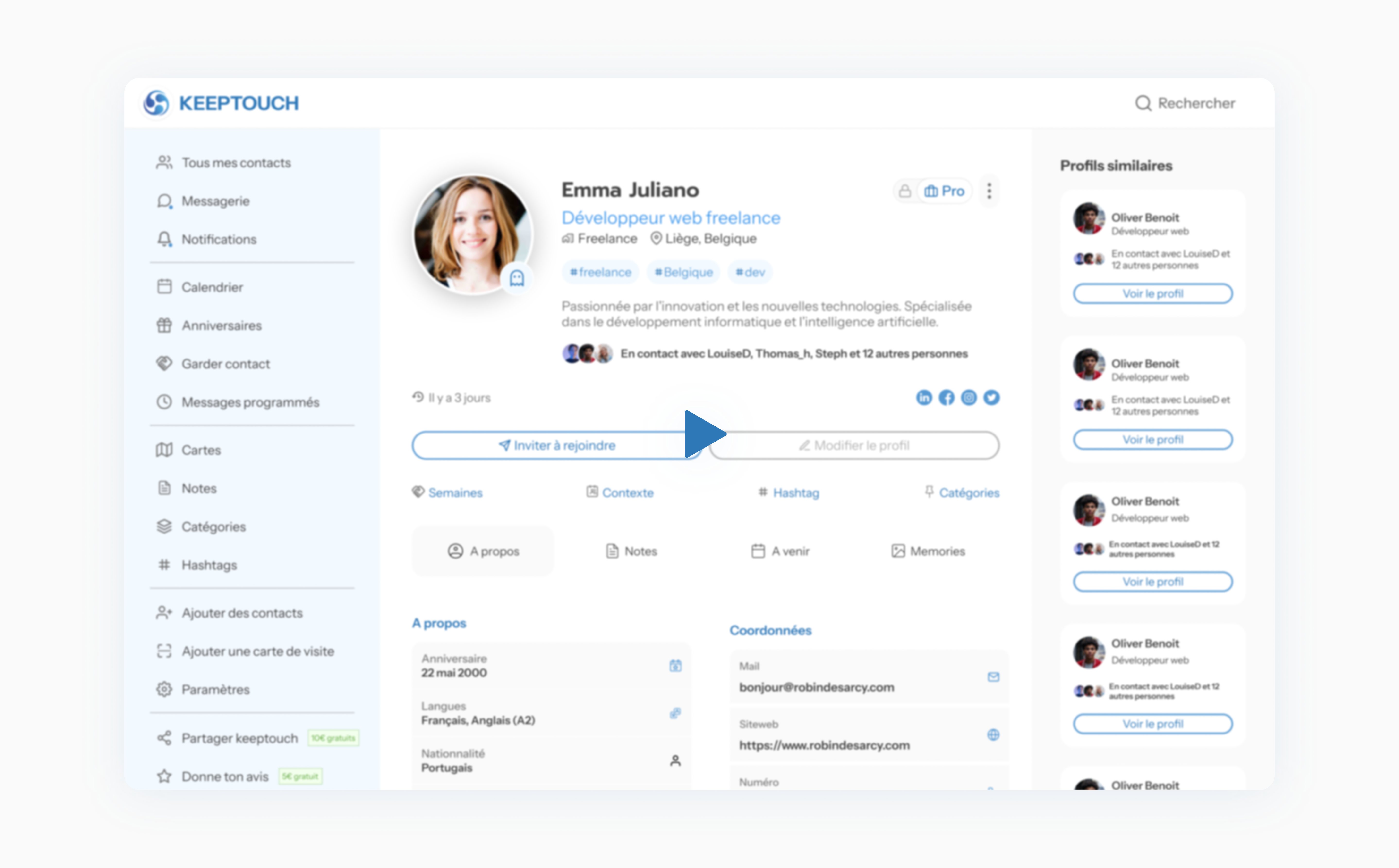 Aperçu de l'application KeepTouch